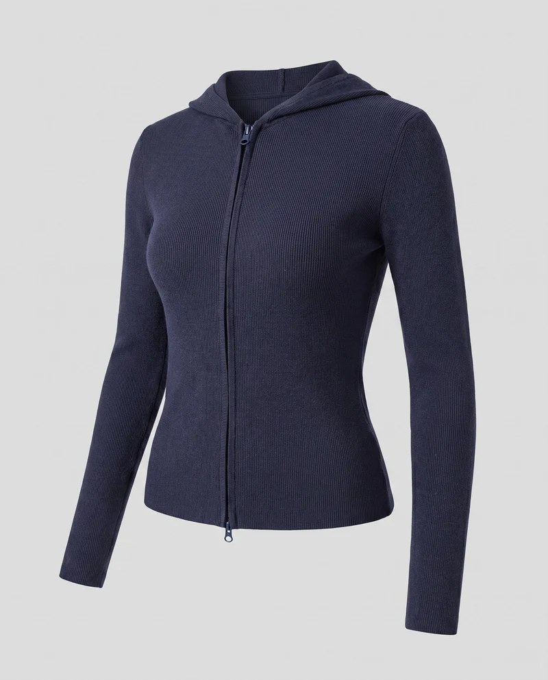 Damen elegante Strickjacke mit modernem Reißverschluss und Kapuze