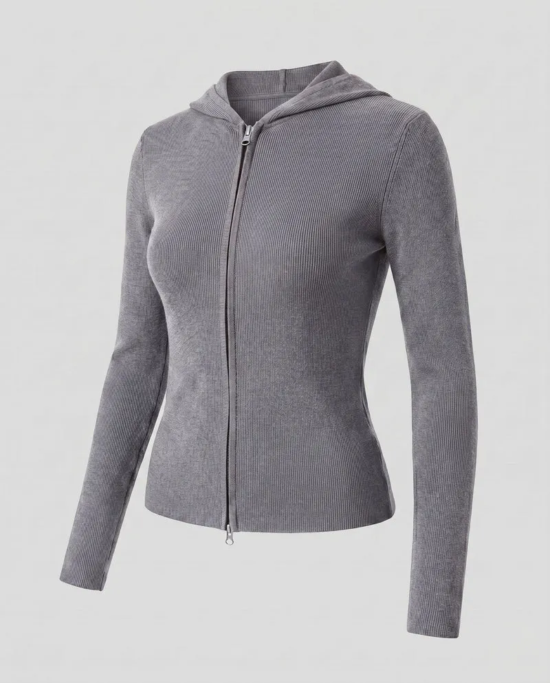 Damen elegante Strickjacke mit modernem Reißverschluss und Kapuze