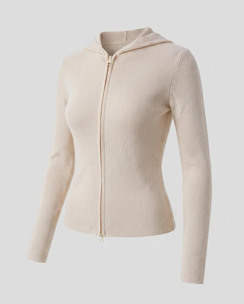 Damen elegante Strickjacke mit modernem Reißverschluss und Kapuze