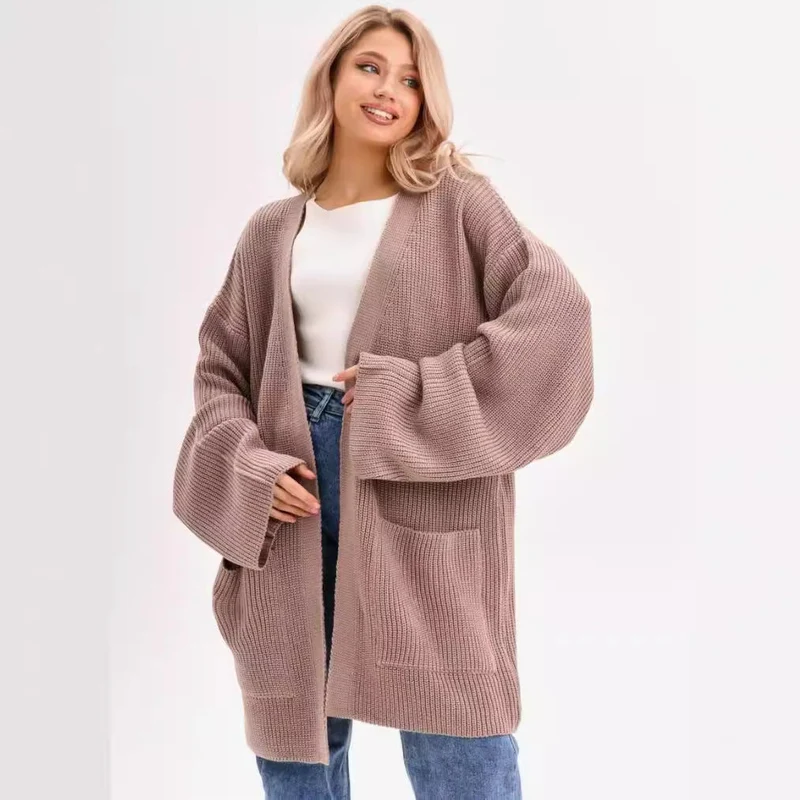 Damen kuscheliger langer Strickcardigan mit weiten Ärmeln und praktischen Taschen Nord Taschen