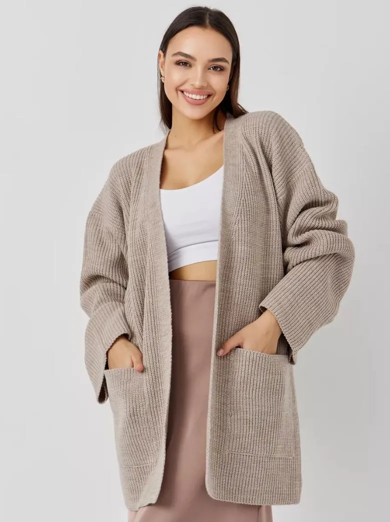Damen kuscheliger langer Strickcardigan mit weiten Ärmeln und praktischen Taschen Nord Taschen