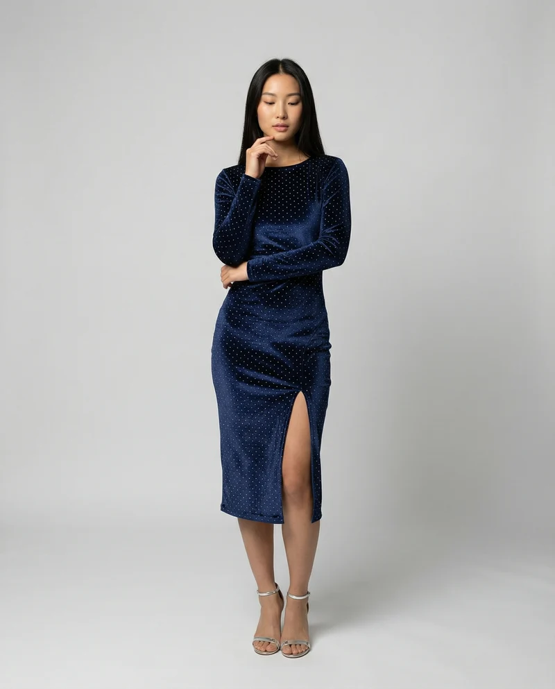 Damen Samt-Midikleid mit eleganten Pailletten und seitlichem Schlitz Nord Taschen