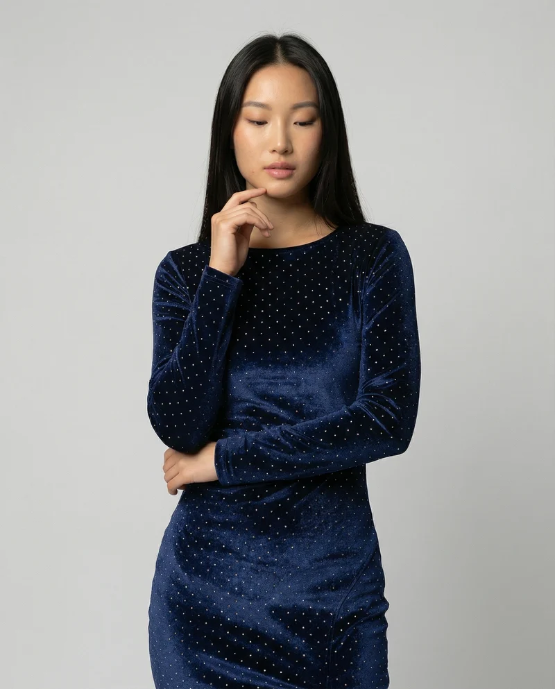 Damen Samt-Midikleid mit eleganten Pailletten und seitlichem Schlitz Nord Taschen