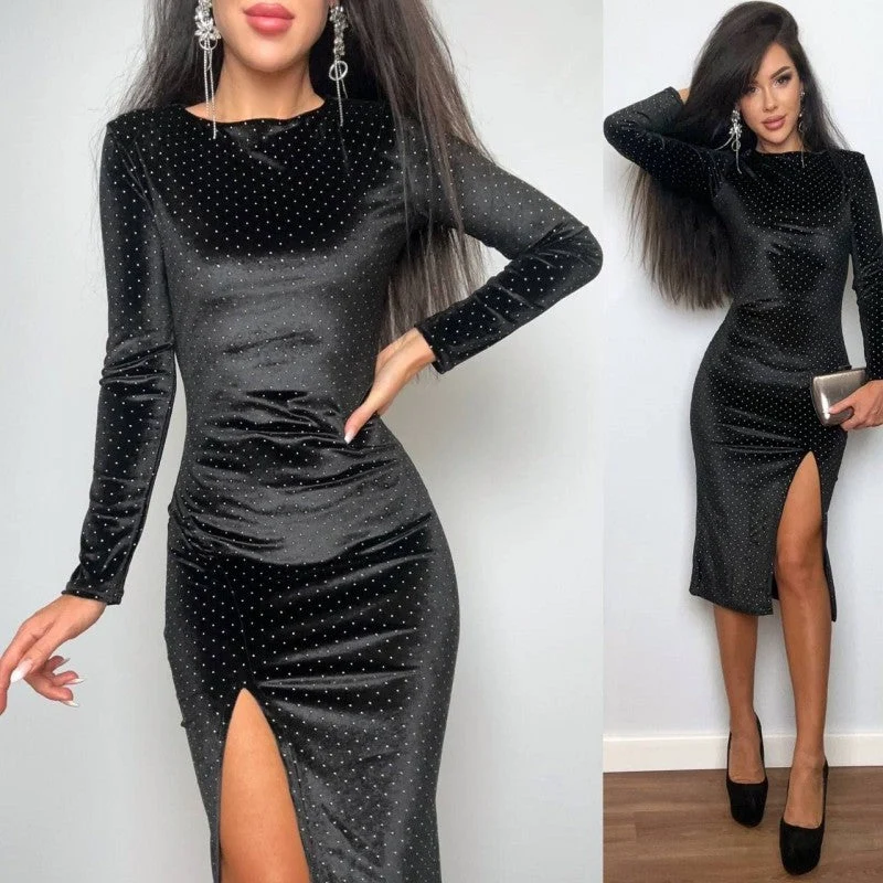 Damen Samt-Midikleid mit eleganten Pailletten und seitlichem Schlitz Nord Taschen
