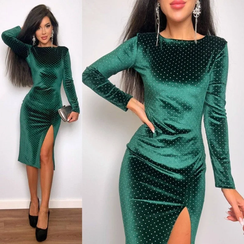 Damen Samt-Midikleid mit eleganten Pailletten und seitlichem Schlitz Nord Taschen