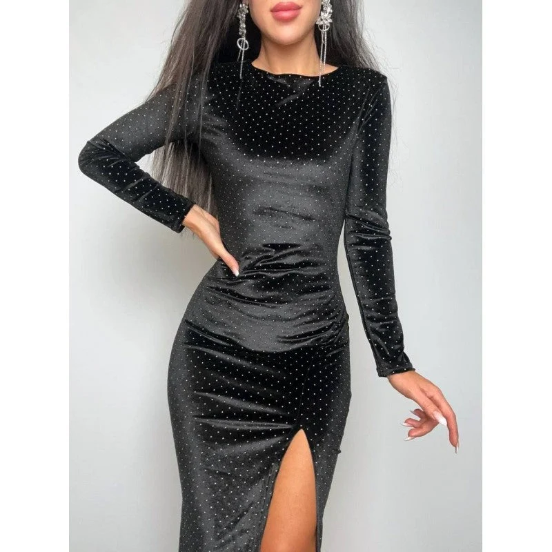 Damen Samt-Midikleid mit eleganten Pailletten und seitlichem Schlitz Nord Taschen