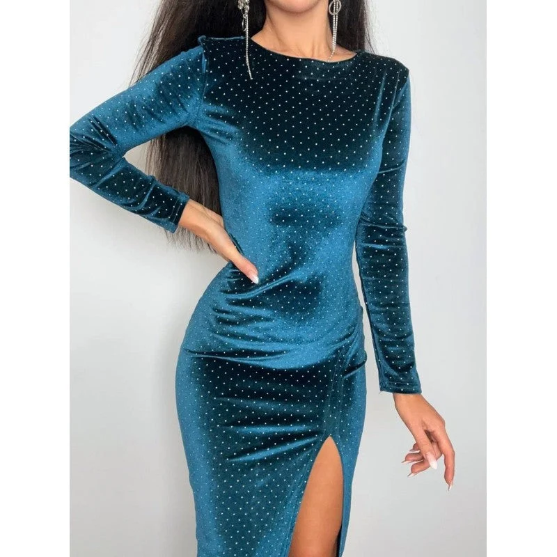 Damen Samt-Midikleid mit eleganten Pailletten und seitlichem Schlitz Nord Taschen