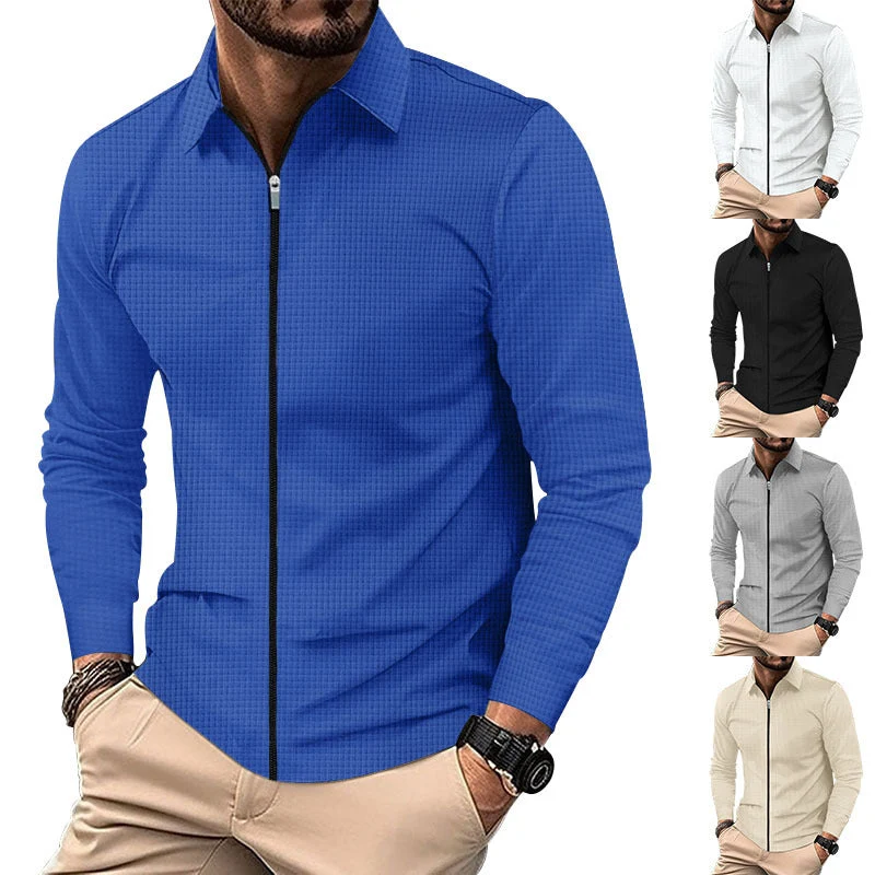 Herren nan strukturiertes Langarm-Polo aus Waffelstrick mit Hemdkragen und schmaler Schulterpartie