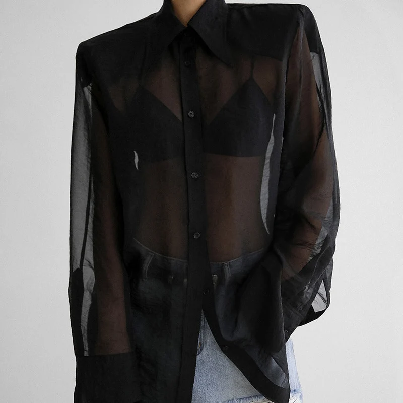Damen Übergröße Hemdbluse mit asymmetrischem Design und transparenten Ärmeln