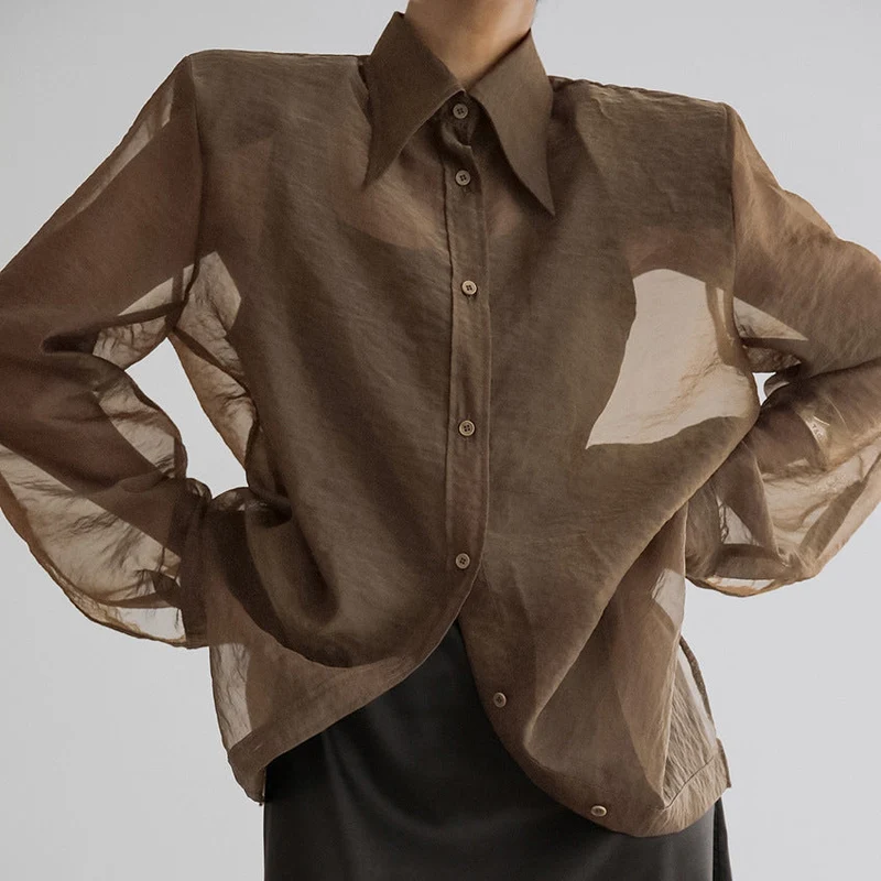 Damen Übergröße Hemdbluse mit asymmetrischem Design und transparenten Ärmeln