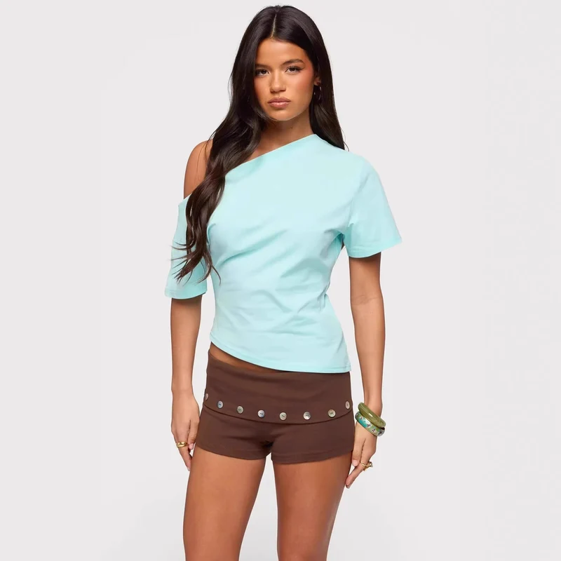 Damen asymmetrisches Oberteil mit schulterfreiem Design und kurzen Ärmeln