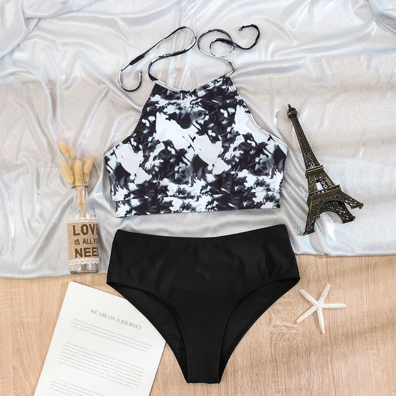 Damen Hoch tailliertes Sport-Bikini-Set mit stilvollem Crop-Oberteil