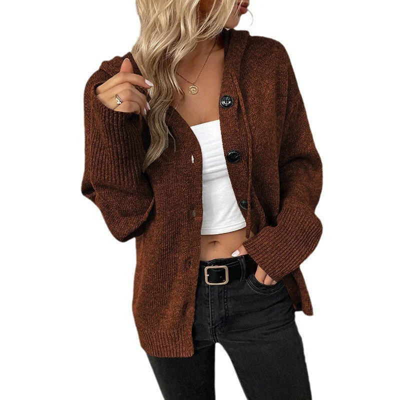 Damen lässige Strickjacke mit Kapuze und Knopfverschluss