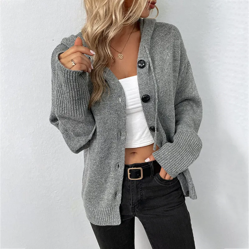 Damen lässige Strickjacke mit Kapuze und Knopfverschluss