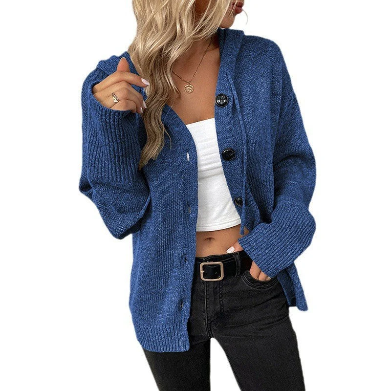 Damen lässige Strickjacke mit Kapuze und Knopfverschluss