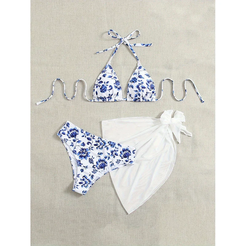 Damen Triangel-Bikini-Set mit floralem Muster und leichtem Überwurf