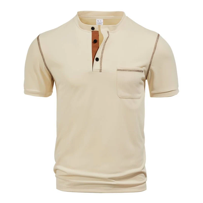 Herren nan kurzärmeliges Henley-Shirt mit Stehkragen, Brusttasche und kontrastierenden Ziernähten