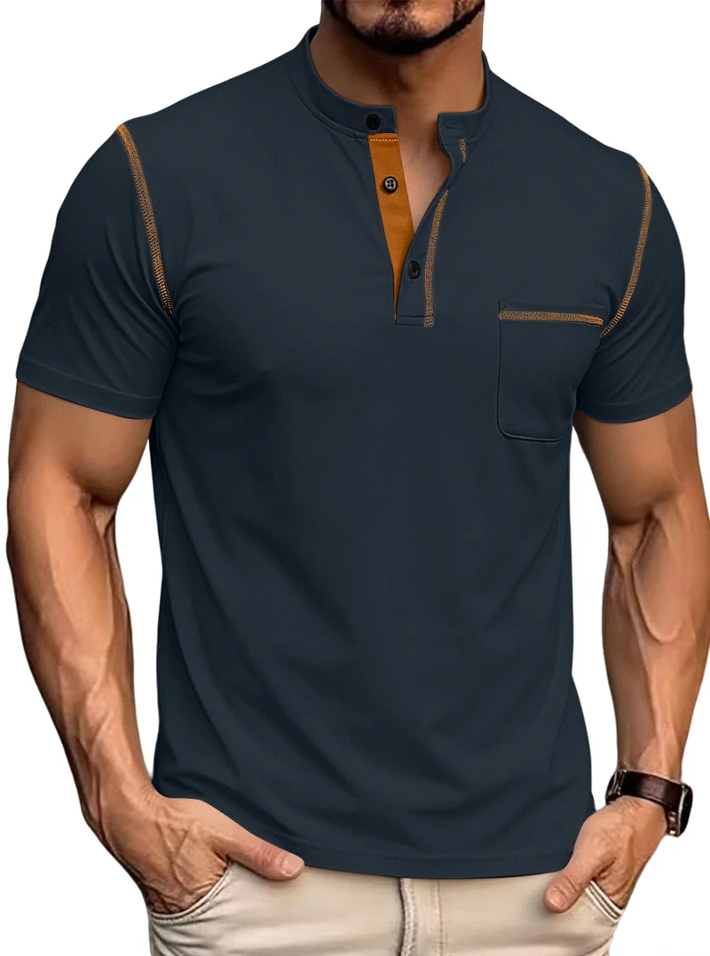 Herren nan kurzärmeliges Henley-Shirt mit Stehkragen, Brusttasche und kontrastierenden Ziernähten