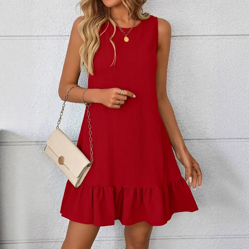 Damen lässiges Sommerkleid mit gerafftem Saum und Ärmellosigkeit Nord Taschen