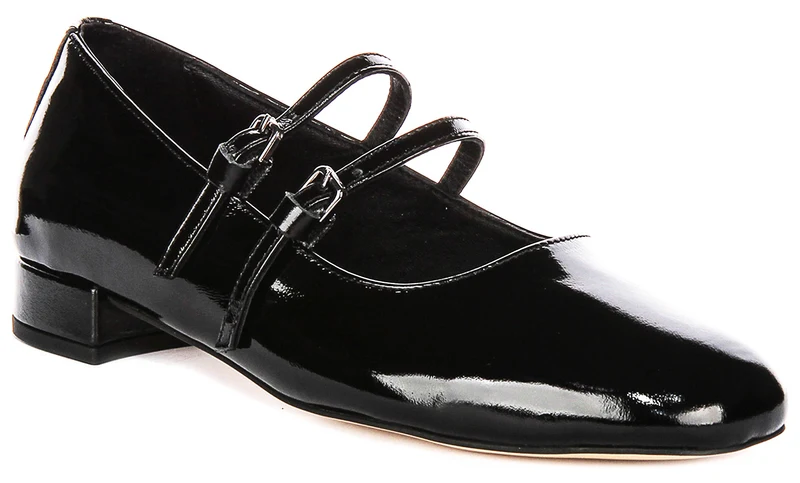 Justinreess England Kalie Two Bar Leather Mary Jane in Black Patent