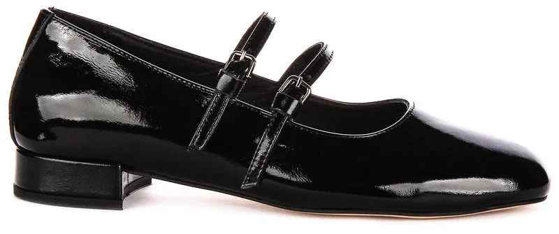 Justinreess England Kalie Two Bar Leather Mary Jane in Black Patent