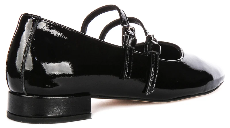 Justinreess England Kalie Two Bar Leather Mary Jane in Black Patent
