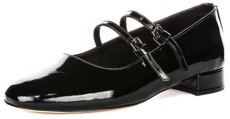 Justinreess England Kalie Two Bar Leather Mary Jane in Black Patent