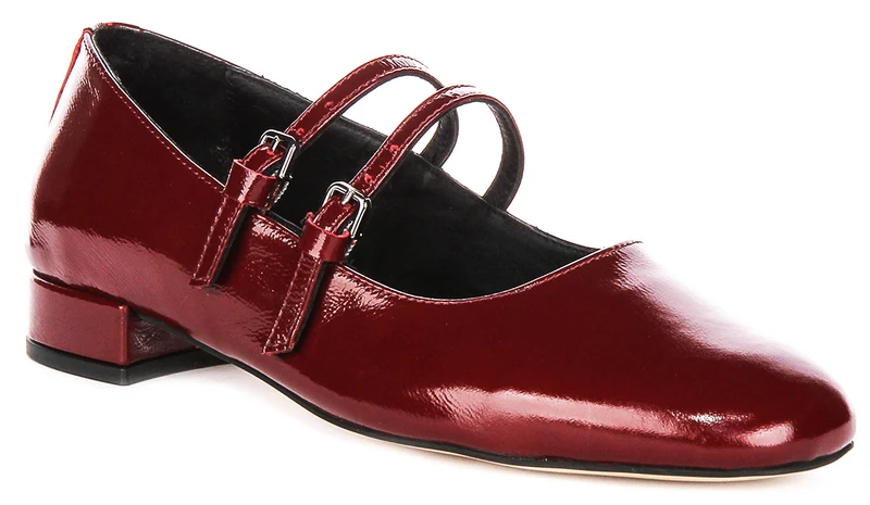 Justinreess England Kalie Two Bar Leather Mary Jane in Burgundy Patent