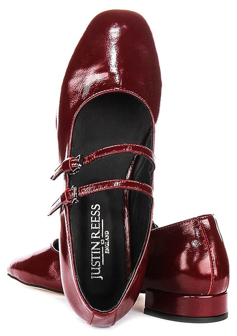 Justinreess England Kalie Two Bar Leather Mary Jane in Burgundy Patent