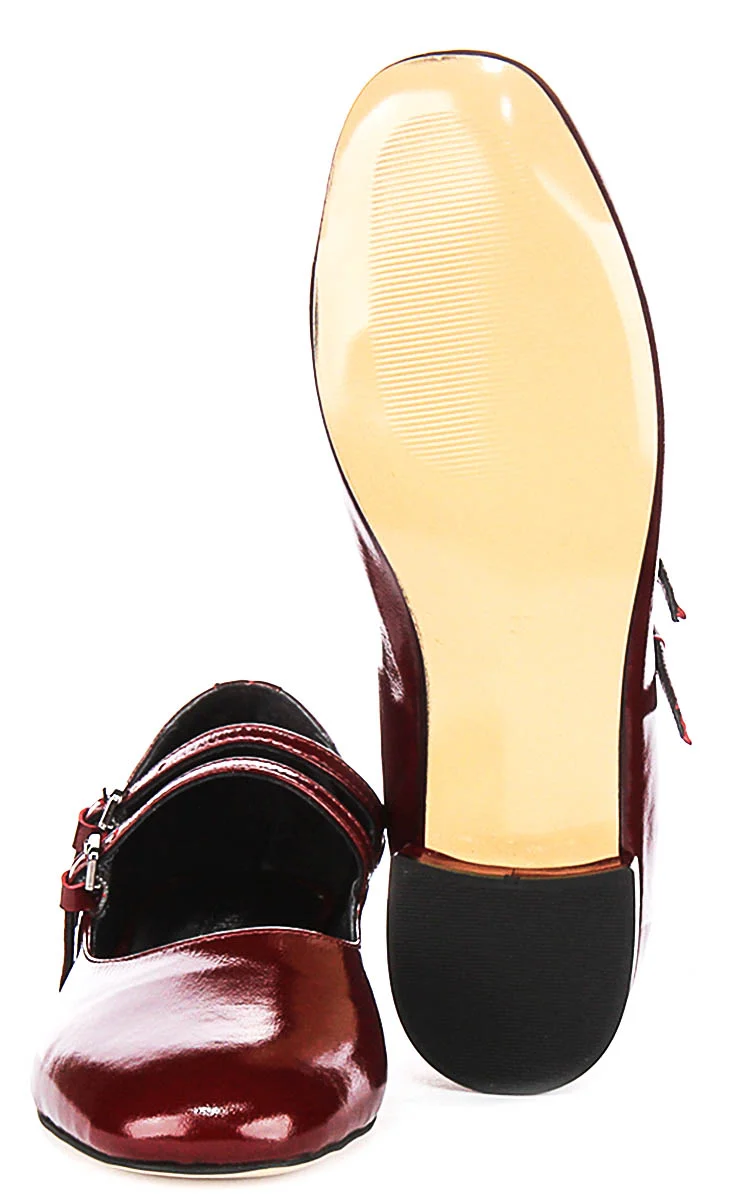 Justinreess England Kalie Two Bar Leather Mary Jane in Burgundy Patent