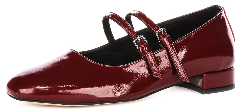 Justinreess England Kalie Two Bar Leather Mary Jane in Burgundy Patent