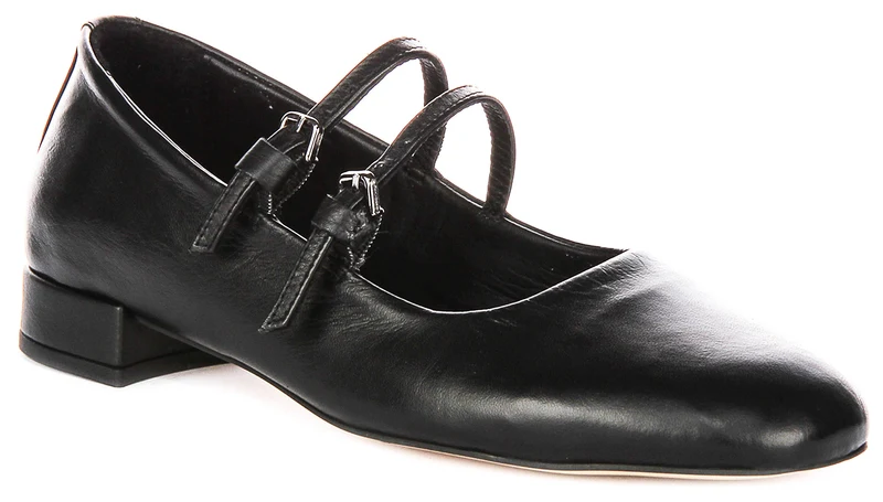 Justinreess England Kalie Two Bar Leather Mary Jane in Black
