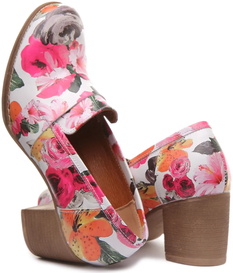 Dahlia Slip On Heeled Loafer in White Floral Print