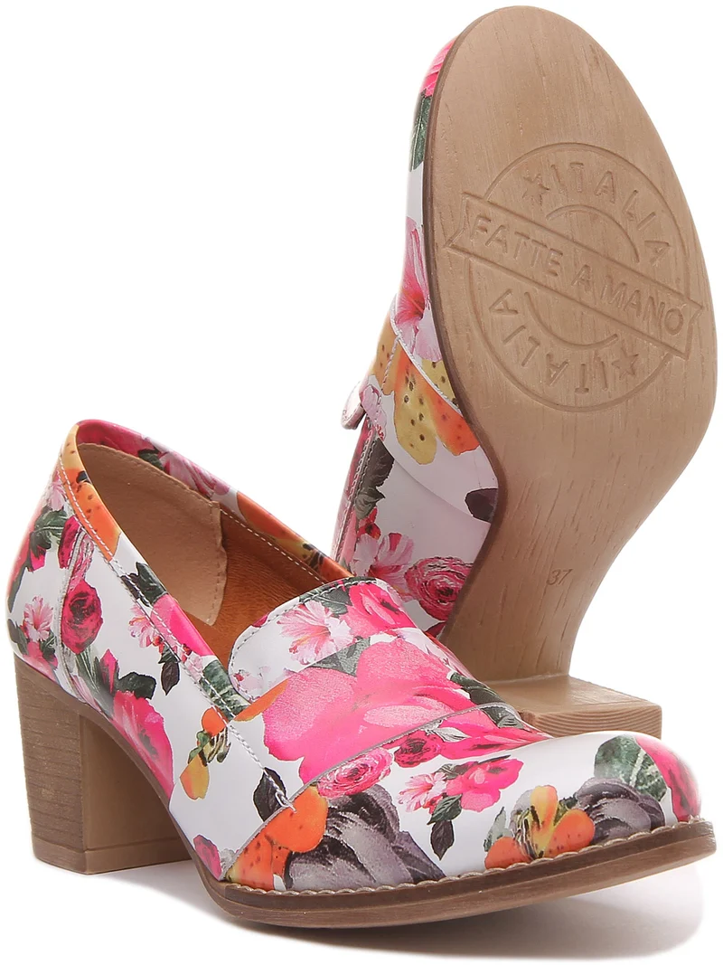 Dahlia Slip On Heeled Loafer in White Floral Print