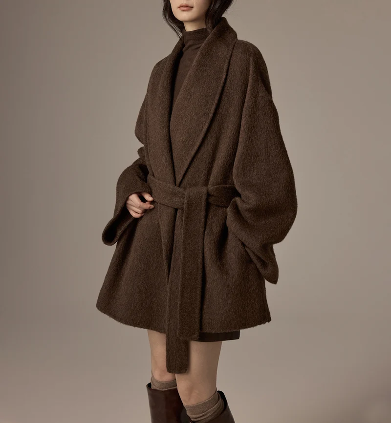 Damen Oversized Wollmantel mit Gürtel Nord Taschen