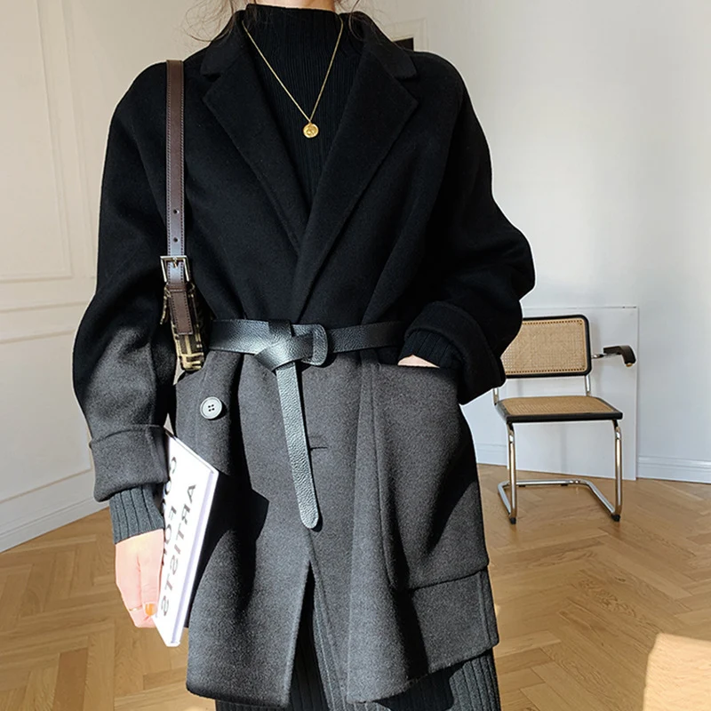 Damen Oversized Mantel mit Taillengürtel Nord Taschen