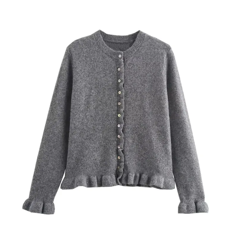 Rüschen Frauen Cardigan mit Knöpfen, Schickes Schichted Oberteil