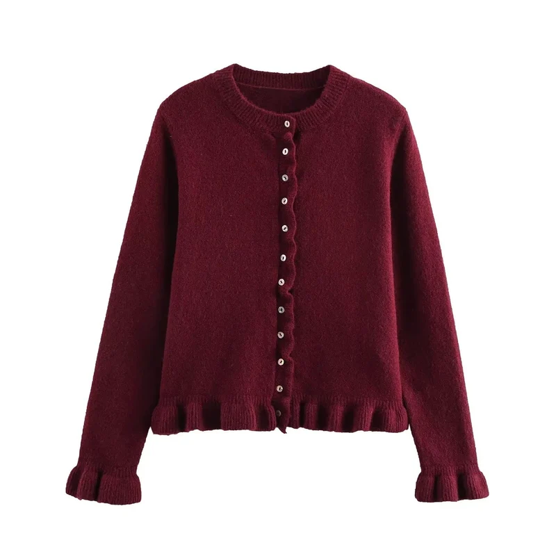 Rüschen Frauen Cardigan mit Knöpfen, Schickes Schichted Oberteil