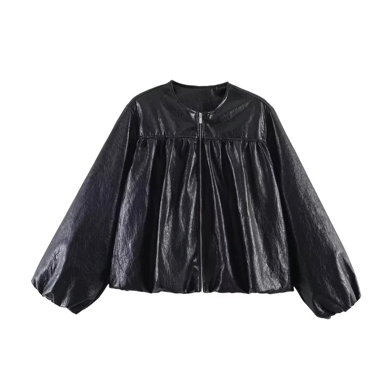Damen Kurzjacke mit gerafftem Vorderteil, Ballonärmeln und Reißverschluss Nord Taschen