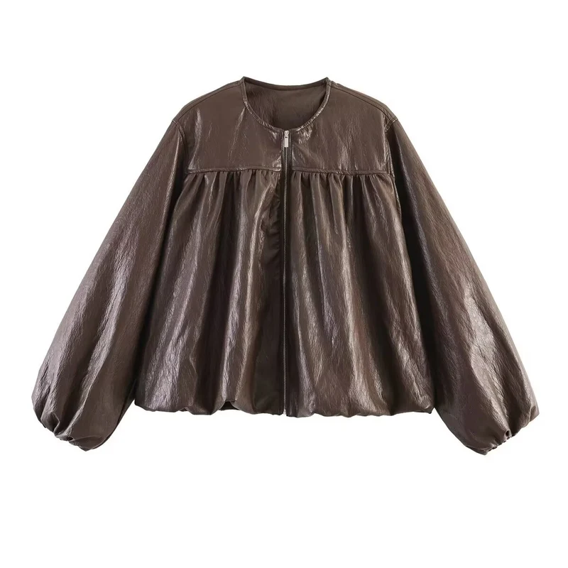 Damen Kurzjacke mit gerafftem Vorderteil, Ballonärmeln und Reißverschluss Nord Taschen