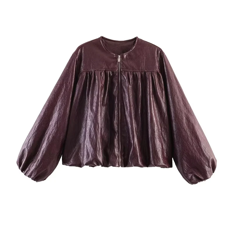 Damen Kurzjacke mit gerafftem Vorderteil, Ballonärmeln und Reißverschluss Nord Taschen