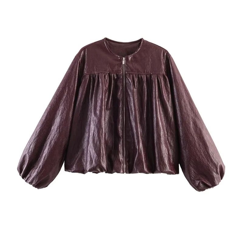 Damen Kurzjacke mit gerafftem Vorderteil, Ballonärmeln und Reißverschluss Nord Taschen