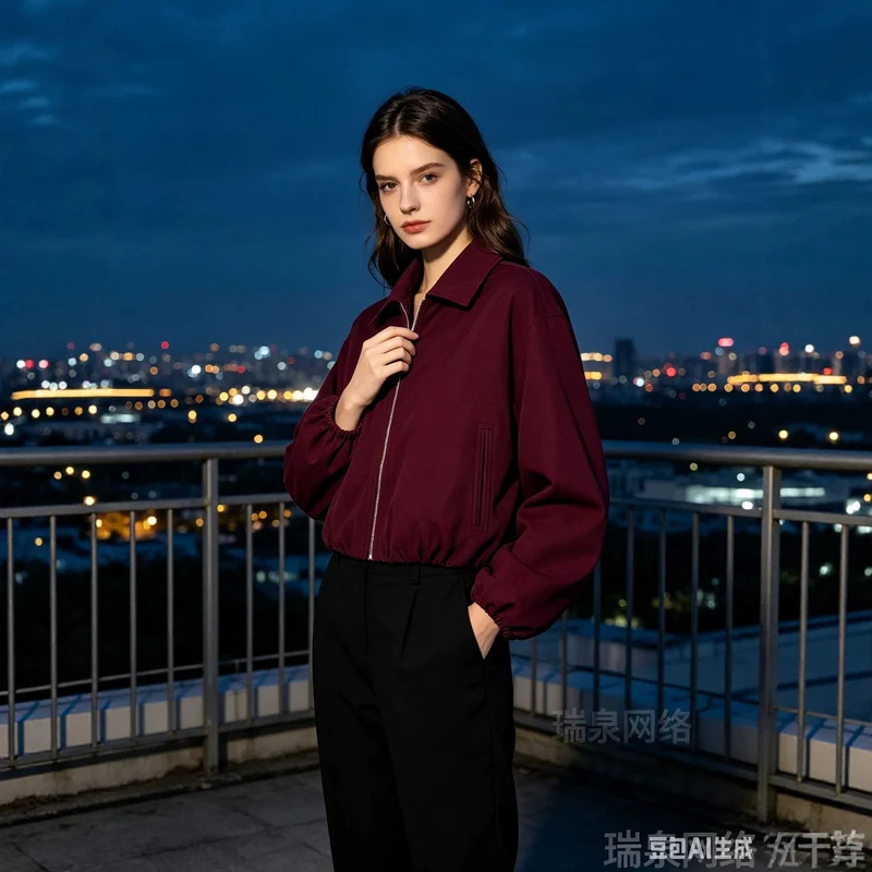 Damen Cropped Bomberjacke mit Ballonärmeln, elastischem Saum und Reverskragen Nord Taschen