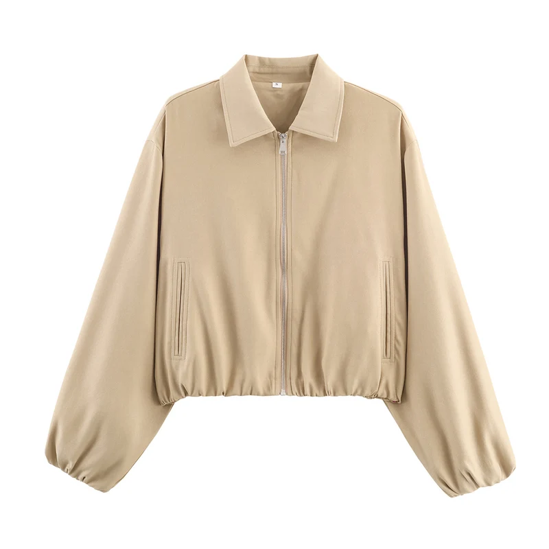 Damen Cropped Bomberjacke mit Ballonärmeln, elastischem Saum und Reverskragen Nord Taschen