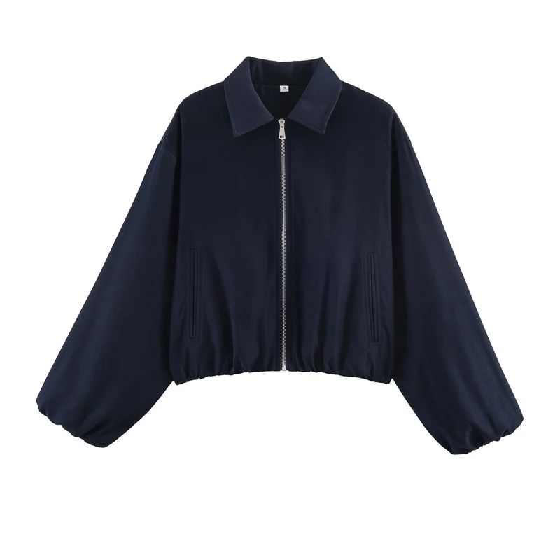 Damen Cropped Bomberjacke mit Ballonärmeln, elastischem Saum und Reverskragen Nord Taschen