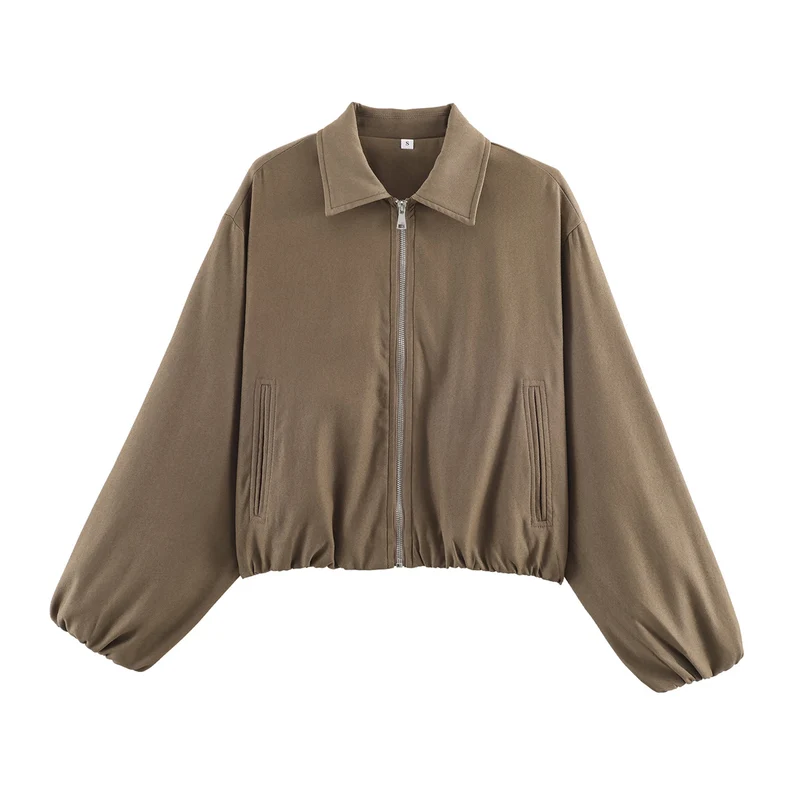 Damen Cropped Bomberjacke mit Ballonärmeln, elastischem Saum und Reverskragen Nord Taschen