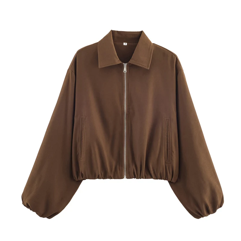Damen Cropped Bomberjacke mit Ballonärmeln, elastischem Saum und Reverskragen Nord Taschen