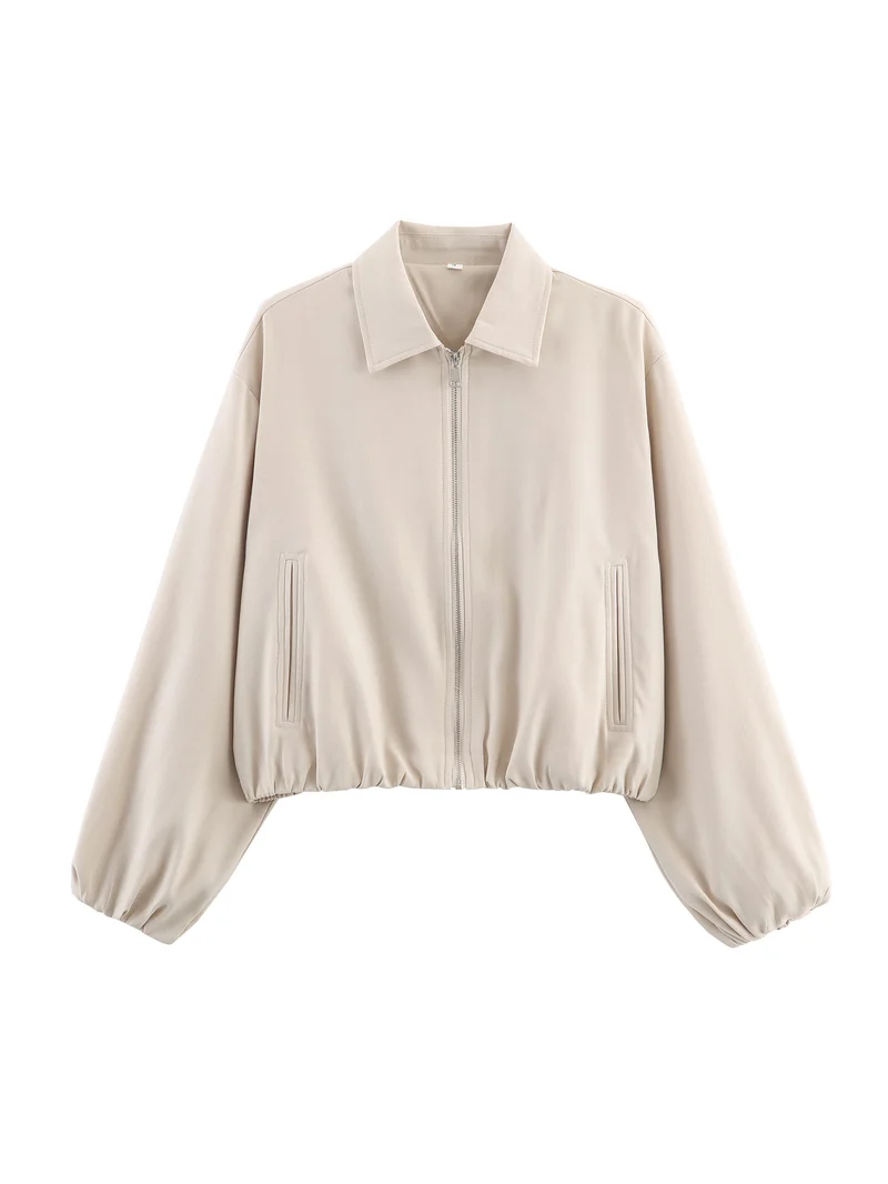 Damen Cropped Bomberjacke mit Ballonärmeln, elastischem Saum und Reverskragen Nord Taschen