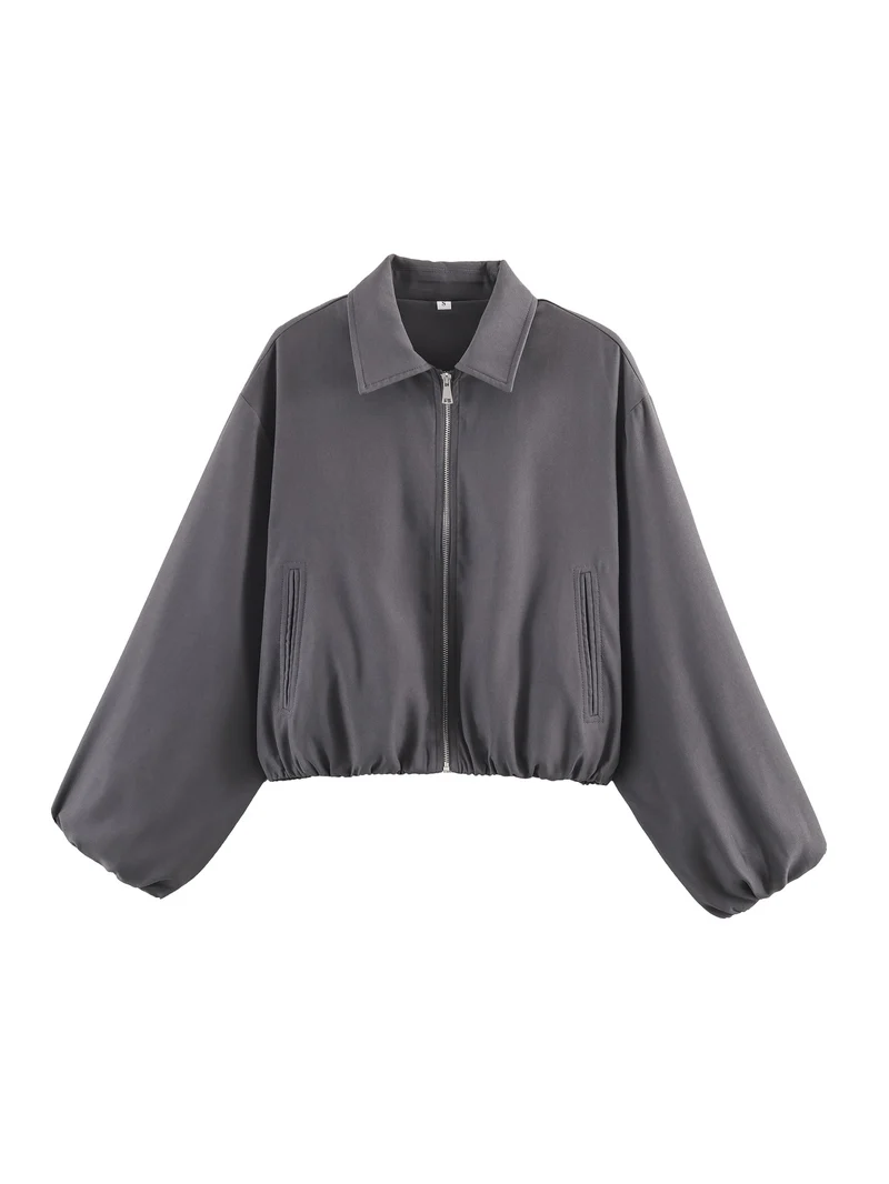 Damen Cropped Bomberjacke mit Ballonärmeln, elastischem Saum und Reverskragen Nord Taschen
