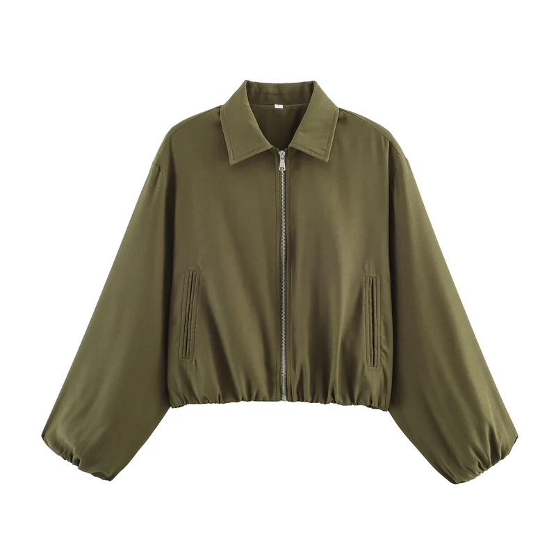 Damen Cropped Bomberjacke mit Ballonärmeln, elastischem Saum und Reverskragen Nord Taschen